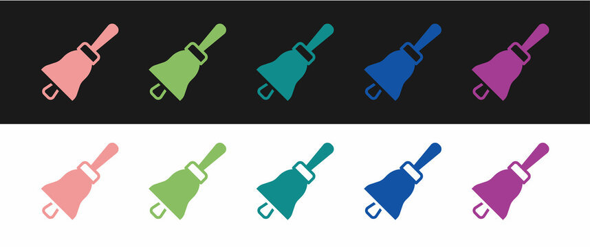 Set Ringing bell icon isolated on black and white background. Alarm symbol, service bell, handbell sign, notification symbol. Vector