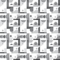 Seamless geometric pattern in Bauhaus style in color gamut of grayscale. Modern abstract background with simple shapes. Vector illustration.