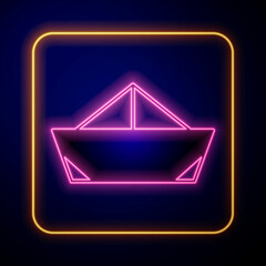 Glowing neon Folded paper boat icon isolated on black background. Origami paper ship. Vector