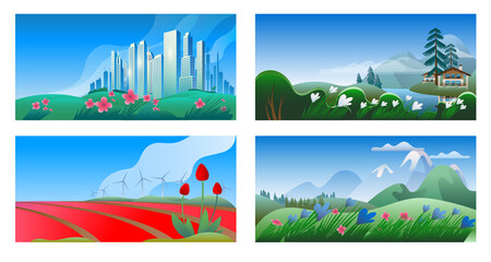 A set of images of various landscapes in spring. A set of full-color vector horizontal banners.