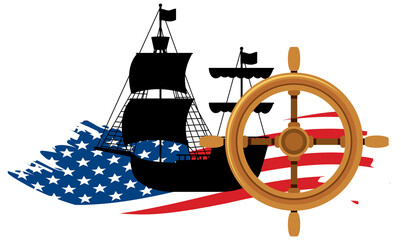 Christopher columbus ship silhouette with flag of United States