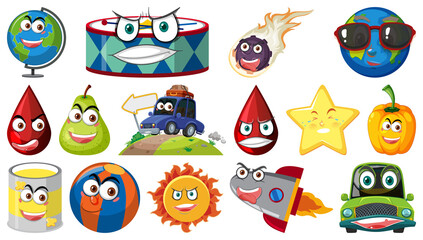 Set of different toy objects with smiley faces