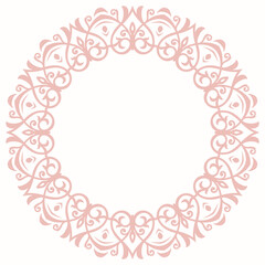 Oriental vector round frame with pink arabesques and floral elements. Floral pink border with vintage pattern. Greeting card with place for text