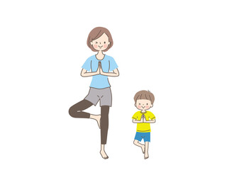 笑顔でヨガを楽しむママと子供