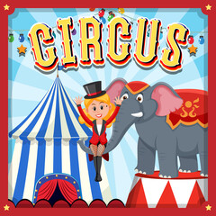 Circus poster design with magician and elephant on stage