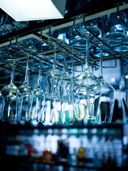 Closeup glasses on the bar, selective focus background