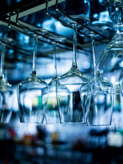 Closeup glasses on the bar, selective focus background