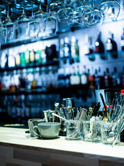 Closeup glasses on the bar, selective focus background