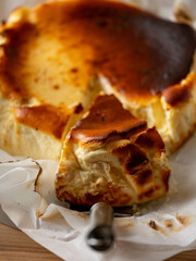close up cake with cottage cheese cheesecake baked in oven. Sweet dessert for breakfast or coffee time in cafe - 481114691