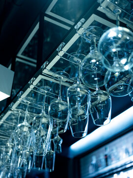 Closeup glasses on the bar, selective focus background
