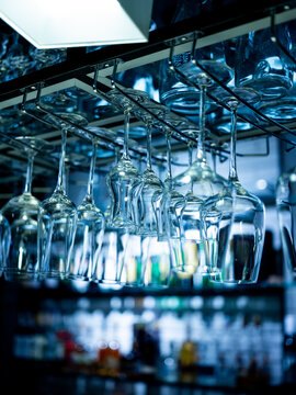 Closeup glasses on the bar, selective focus background