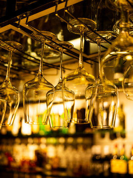 Closeup glasses on the bar, selective focus background
