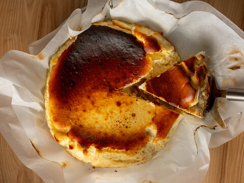 Top view of cake with cottage cheese baked in oven. Sweet dessert for breakfast or coffee time in cafe