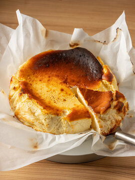Homemade cake with cottage cheese baked in oven. Sweet dessert for breakfast or coffee time in cafe, vertical view