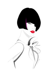黒髪の女性のイラスト　ボブスタイル　水墨画　