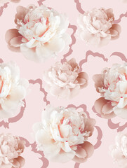 Beautiful delicate digital textile floral pattern wallpaper photo print decor with peony flowers on a light pink background in a romantic wedding theme and Valentine's day.
