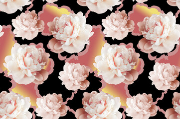 Bright elegant beautiful stylish digital pattern photo print wallpaper with peony flowers on an abstract black background.