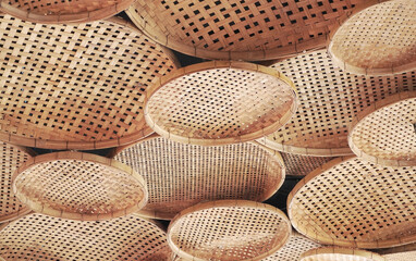 Rattan basket wall. Eco friendly trendy room decoration. bamboo wood