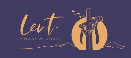 lent, a season of renewal text and gold line lent cross crucifix in circle sunset and bird flying on purple background vector design