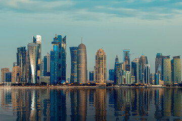 Fototapeta na wymiar Doha, Qatar - December 27, 2021: Color graded Doha Skyline view early morning