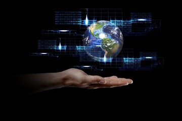 World Technology Concepts. Global Network and Data Exchange. Gesture Hand Levitating Globe