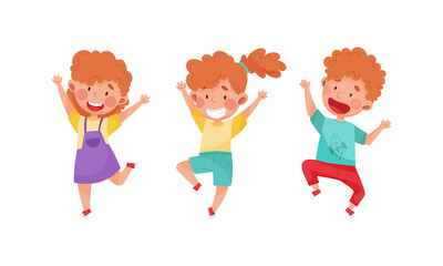 Kids joyfully jumping set. Energetic boys and girls having fun in fine mood cartoon vector illustration
