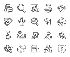 Vector set of Search, Winner podium and Hold document line icons set. Business idea, Medal and Accepted payment icons. Payment message, Family questions and Accounting report signs. Vector