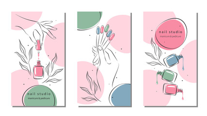 Set of design for nail studio for social media posts and stories, mobile apps. Nail polish, nail brush, manicured female hands. Vector illustrations