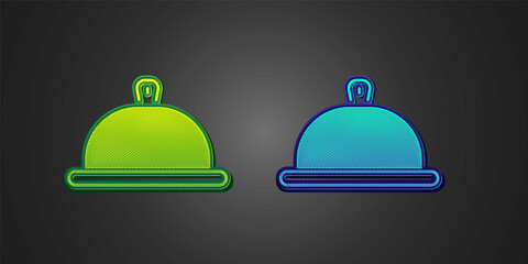 Green and blue Covered with a tray of food icon isolated on black background. Tray and lid sign. Restaurant cloche with lid. Vector