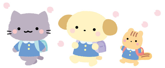 入学式、新学期、春の猫と犬とリスのイラスト