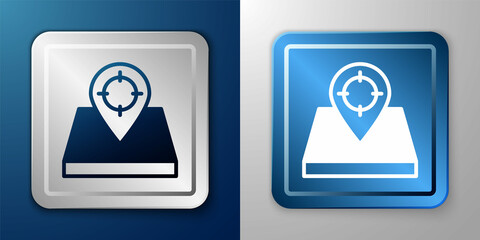 White Hunt place icon isolated on blue and grey background. Navigation, pointer, location, map, gps, direction, place, compass, contact, search. Silver and blue square button. Vector