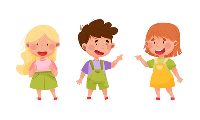 Cute happy kids playing together set cartoon vector illustration