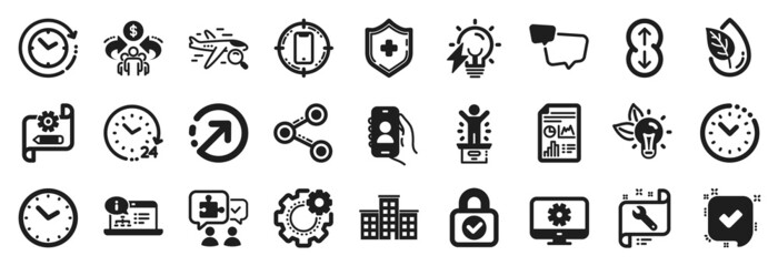 Set of Technology icons, such as Organic product, Confirmed, User call icons. Scroll down, Electricity bulb, Sharing economy signs. Monitor settings, Eco energy, Time. Winner podium, Share. Vector