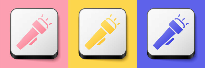 Isometric Flashlight icon isolated on pink, yellow and blue background. Square button. Vector