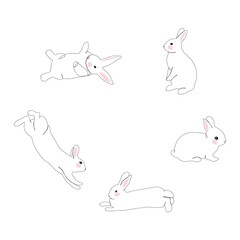 One line drawing, Easter bunnies in different poses jump, sit, run, lie. Set.