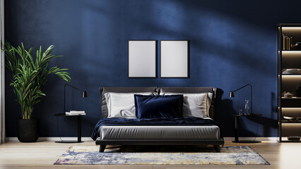 poster frames mock up in modern bedroom interior background with empty dark blue wall, 3d rendering - obrazy, fototapety, plakaty