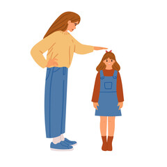 Mother measures daughter's height. Vector hand drawn illustration in flat cartoon style. Isolated on white background.