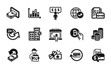 Vector set of Cashback, World statistics and Diagram graph icons simple set. Accounting report, Coins and Refund commission icons. Employee benefits, Loyalty gift and 24 hours signs. Vector