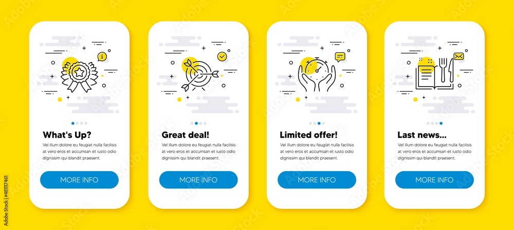 Poster vector set of target, timer and winner ribbon line icons set. ui phone app screens with line icons. 