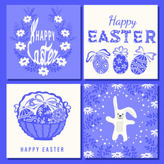 Easter square cards templates. Cute easter eggs, rabbit, branches and flowers. Perfect for poster, print, card, invitation, greeting, tag. Vector  illustration