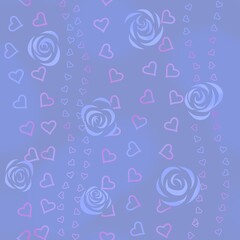 Soft seamless abstract pattern of light blue stylized flowers on a blue background with stripes of little hearts.