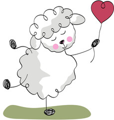 Drawing of lamb sheep holding red balloon heart

