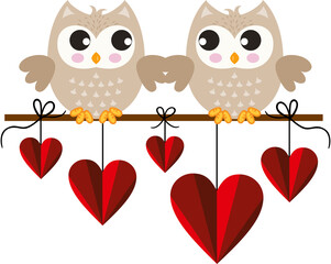 Fototapeta premium Cute owls in love sitting on branch with heart shaped leaves