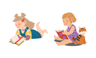 Cute girls reading books set. Preschool activities and childhood education cartoon vector illustration