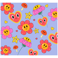 Abstract picture with faces, flowers and characters. Blue background. Vector stock illustration. Cartoon. Pattern. Modern design. Cover print.