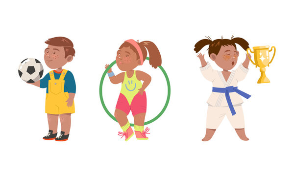 Cute kids doing sports set. Children go in for soccer, gymnastics and karate. Physical activity and healthy lifestyle cartoon vector illustration