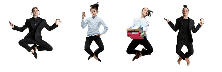 Delighted office workers wearing business style clothes sitting in lotus position on white background. Creative collage.