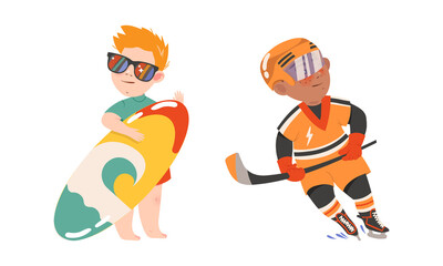 Cute kids doing sports set. Boys playing hockey and riding surfboard. Physical activity and healthy lifestyle cartoon vector illustration