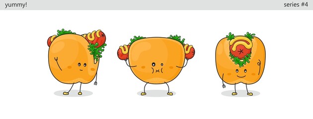Hotdog. Set of cute kawaii characters. Funny cartoon fast food icons in different situations. Vector comic style graphics