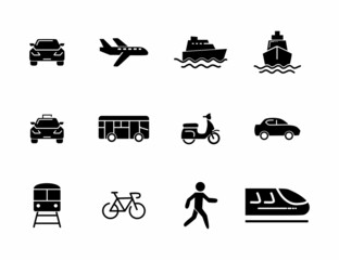 Transport icons. Airplane, Public bus, Train, Ship and auto signs. Shipping delivery symbol. Air mail delivery sign. Vector